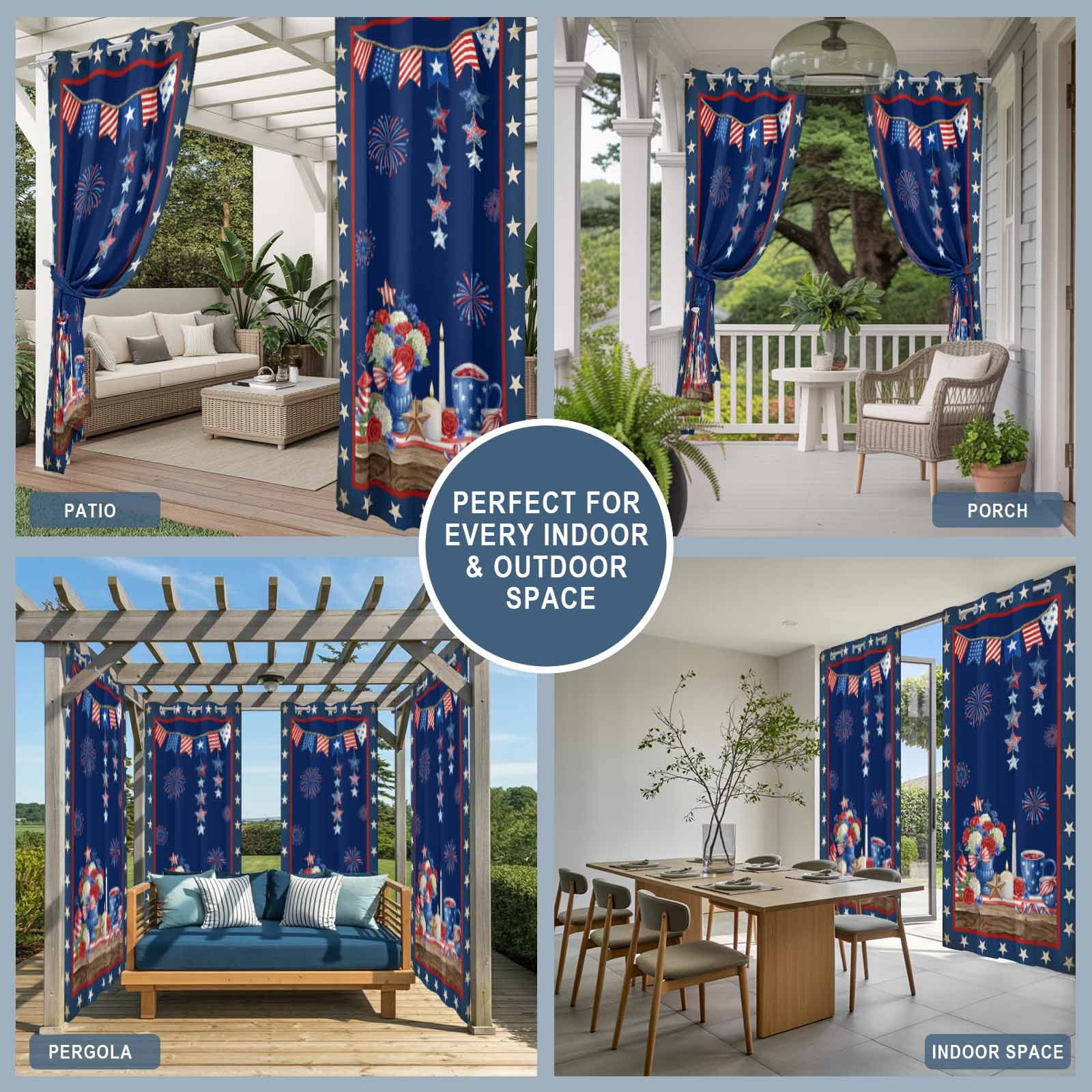Independence Day Outdoor Curtains for Patio, Retro Red Blue USA Flag Floral Star Dark Blue Sunshade Privacy Drapes Grommet Waterproof Outside Curtains for Porch/Cabana/Balcony 54"x 108", 1 Panel