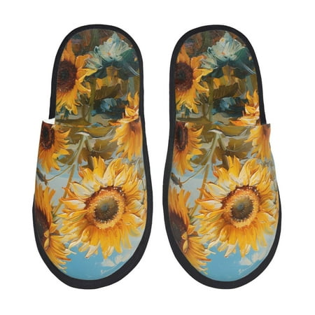 Balery Sunflower Field Art Slient Indoor Furry Fleece Comfort House Shoes Soft Non-Slip Home Shoes Cotton slippers House Slippers-- Large