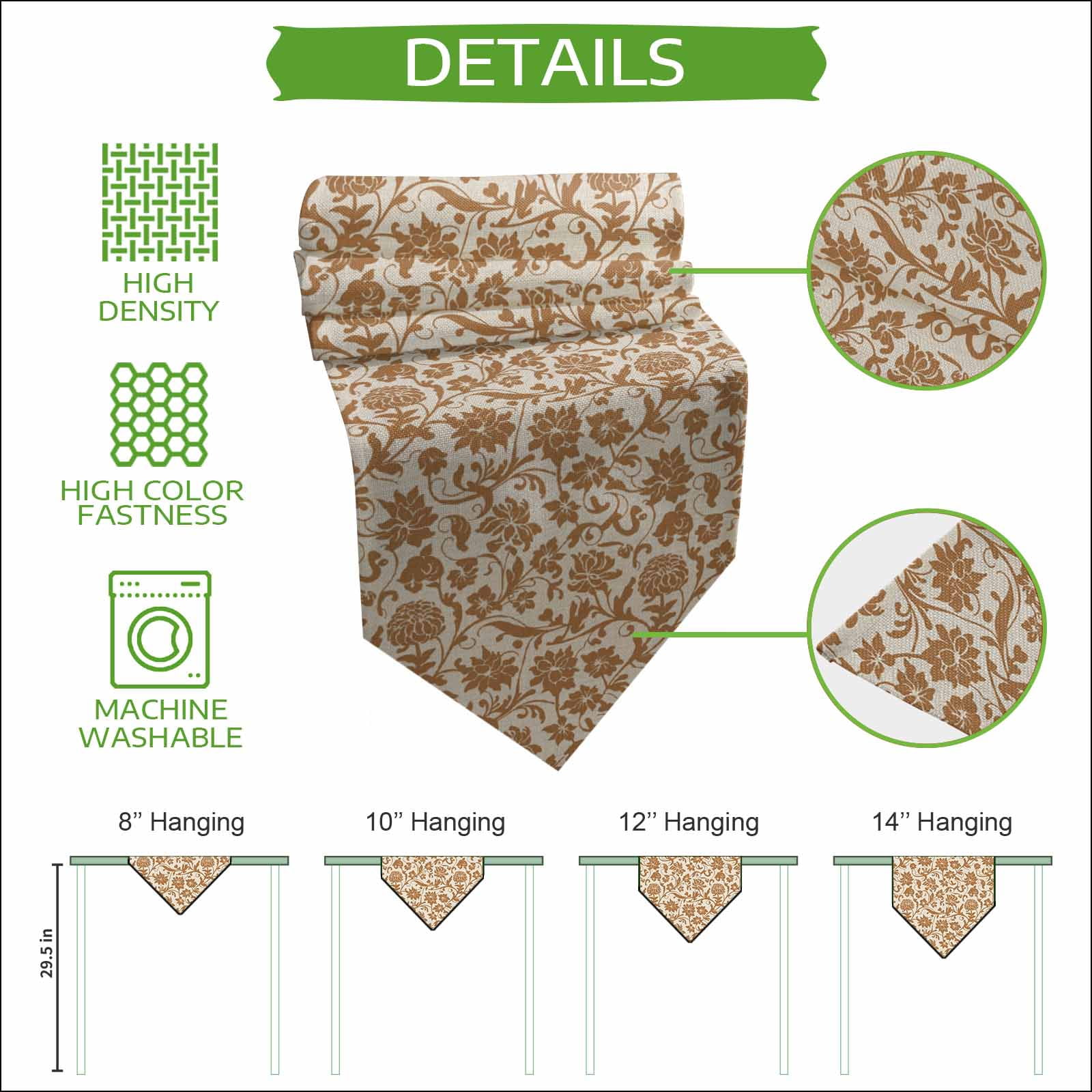 Brown Floral Table Runner Linen Burlap Table Runner 60 Inches Long Vintage Rustic Flowers Botanical Spring Dresser Scarves for Kitchen Island Coffee Dining Party Wedding Banquet Holiday Decor 13"x60"