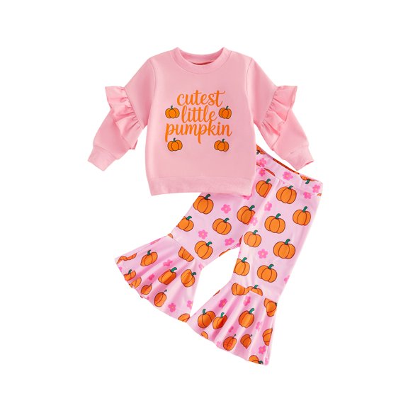 RUINIXCW Toddler Baby Girls Halloween Outfit Infant Baby Girls Fall Winter Clothes Cute Ghost Pumpkin Print Ruffled Long Sleeve Sweatshirt Top with Flare Pants Bell Bottom Set