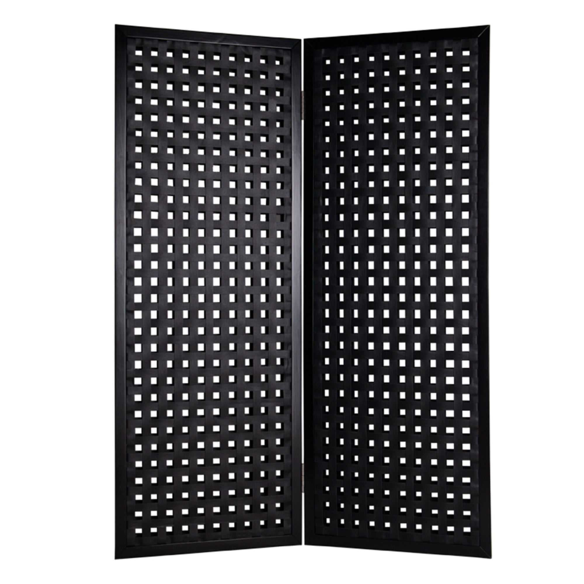 2 Panel Room Divider with Leatherette Interwoven Square Cut Outs, Black
