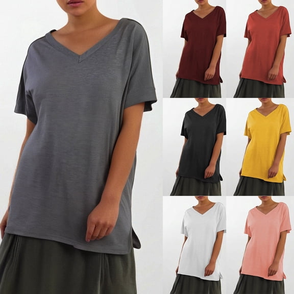 Kcolen Womens Summer Tops Cap Sleeve V Neck Short Sleeve Summer Relaxed Fit Solid Color Tee Shirts Women Blouses Spring Tops,Red