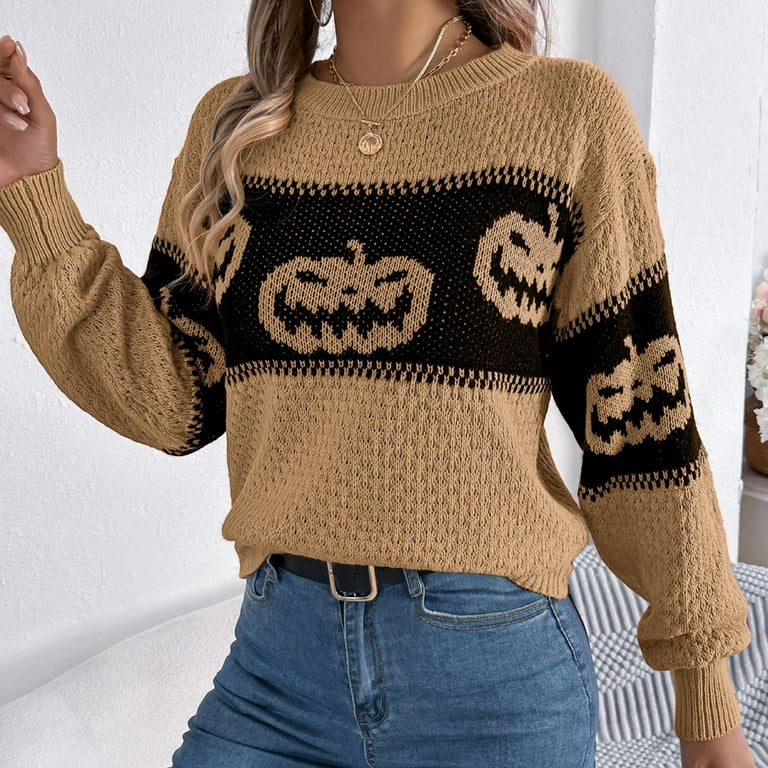 Women's Halloween Fall Ghost Pumpkin Face Sweater Patchwork