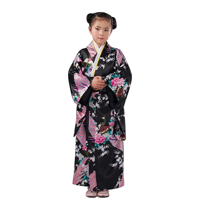 Fgnfyis Pyjama Fille Robe Traditionnelle Japonaise Kimono Robe pour Enfants Filles Yukata Kimono Robe Anime Tenues Noir 2-3 Ans
