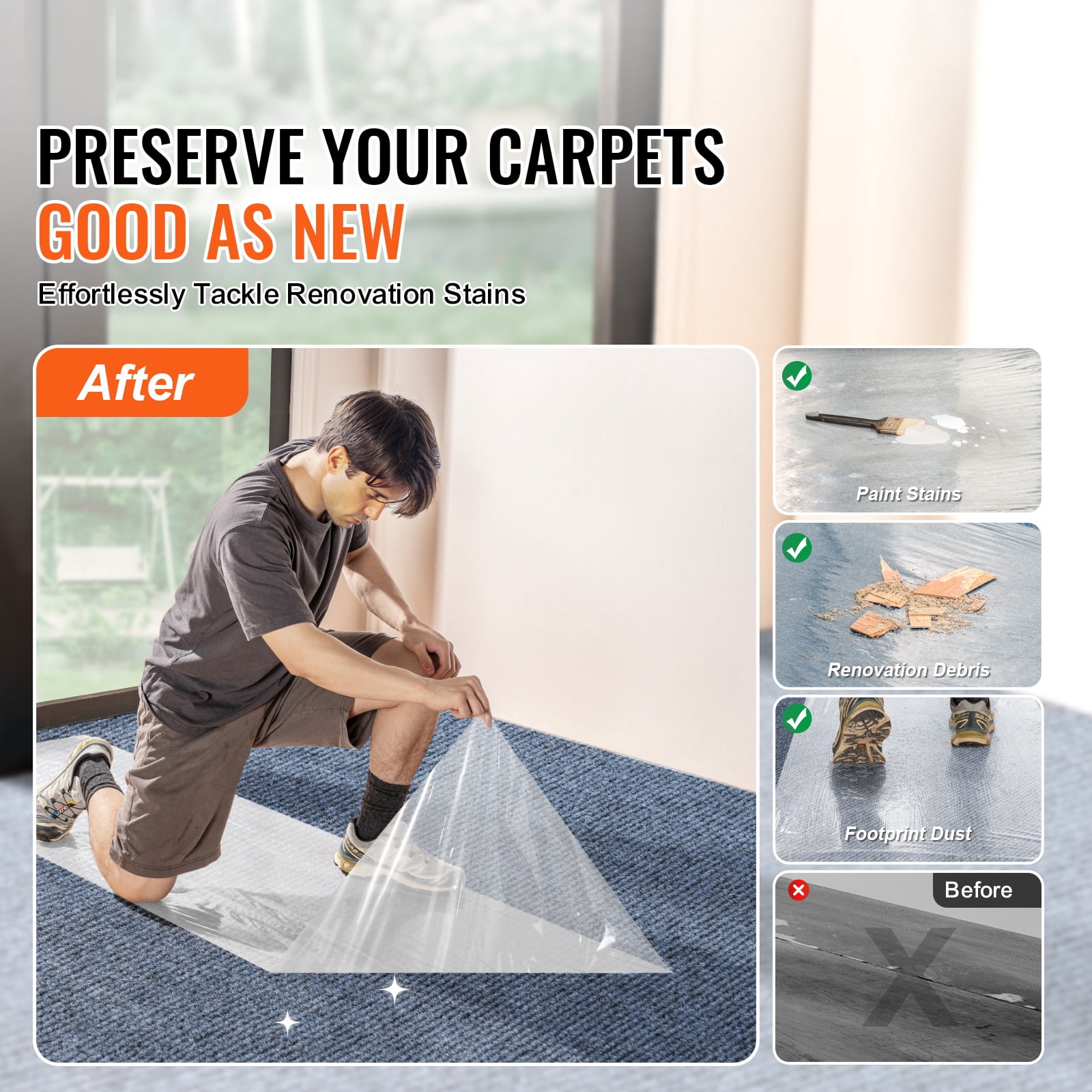 SKYSHALO Carpet Guard Film, 24" x 200' Floor Cover with Stick-On Backing for Simple Setup, Polyethylene Protective Film Roll for Building & Remodeling Tasks