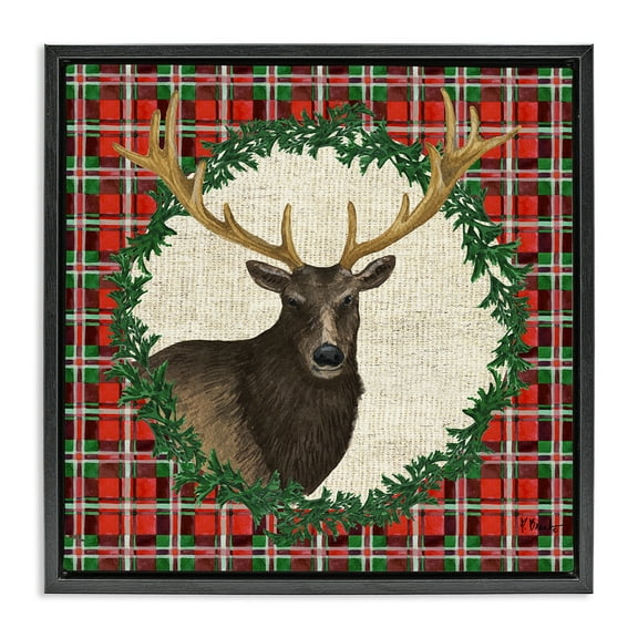 Stupell Industries Festive Plaid Elk Holiday Painting Black Floater Framed Canvas Art Print Wall Art, 18 x 18