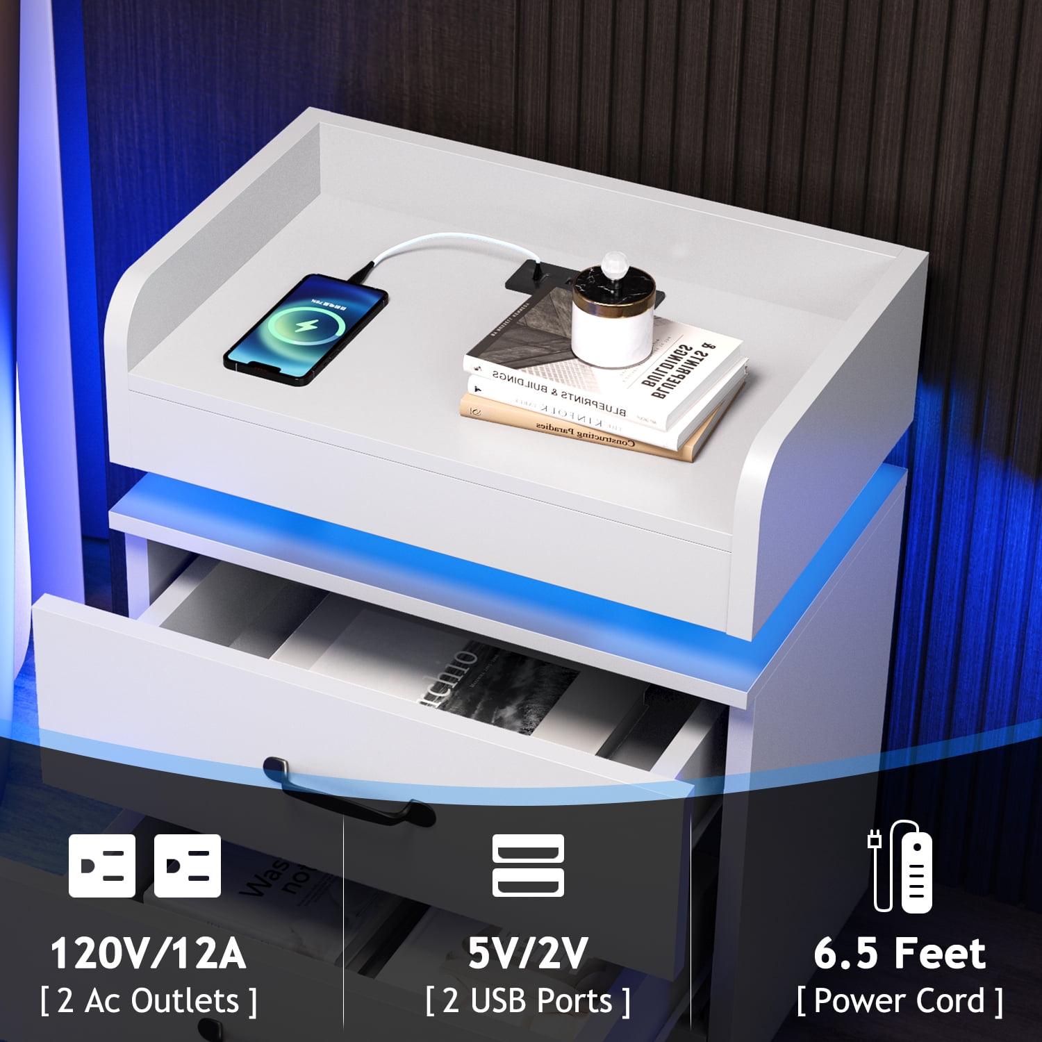 4 EVER WINNER Nightstand Set of 2 with Charging Station, LED Night Stand with 2 Drawers, Modern Beside End Table Side Table for Bedroom Living, White