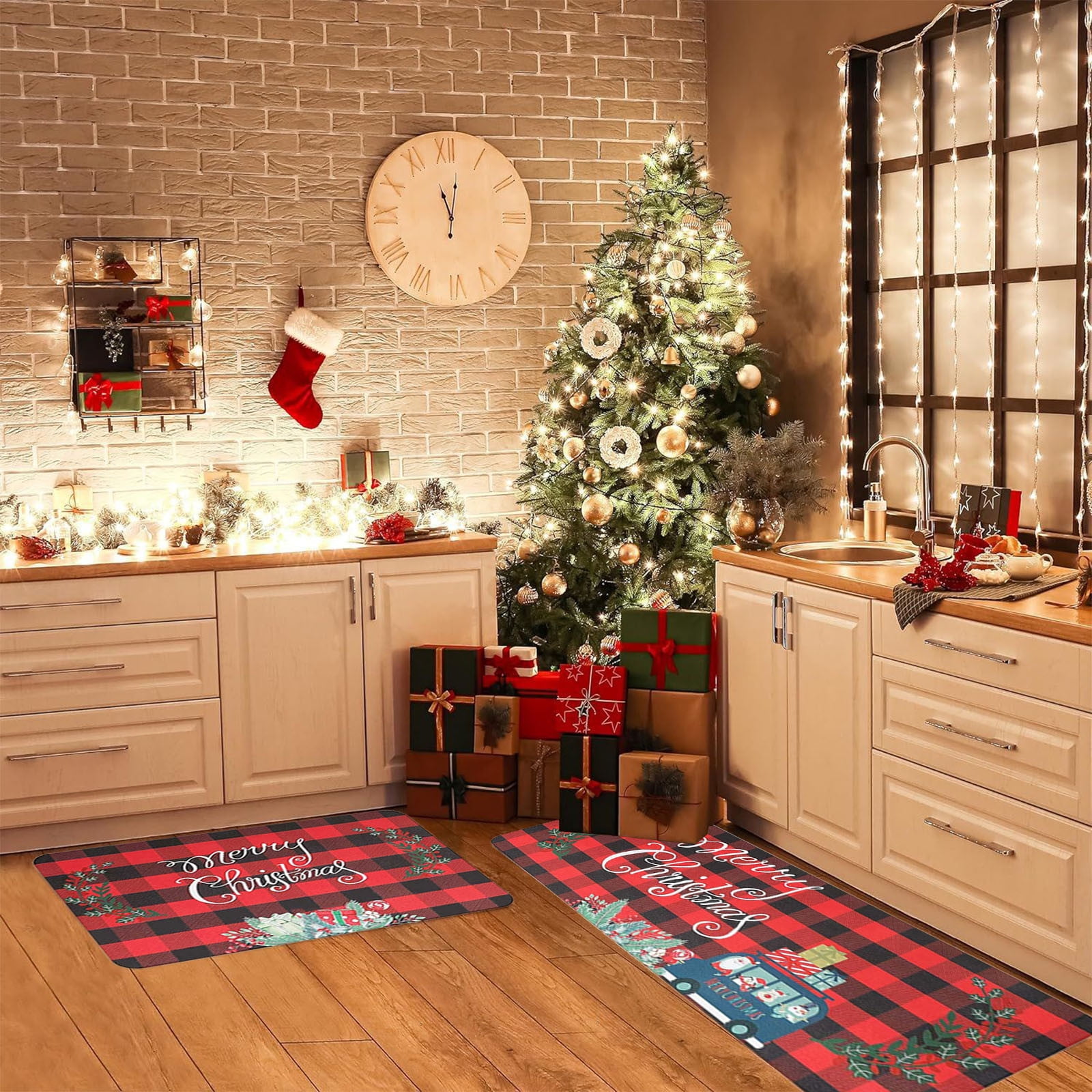 Set De 3 Tapis De Cuisine De Noël - Motifs Bonhomme De Neige Et Sapin, Tailles 40x60, 50x80, 40x120 Cm, Polyester - 5