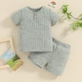 thumbnail image 2 of Okbabeha Toddler Baby Boy Summer Clothes Solid Short Sleeve Ribbed Button T-shirt Top Shorts 2Pcs Casual Outfit, 2 of 7