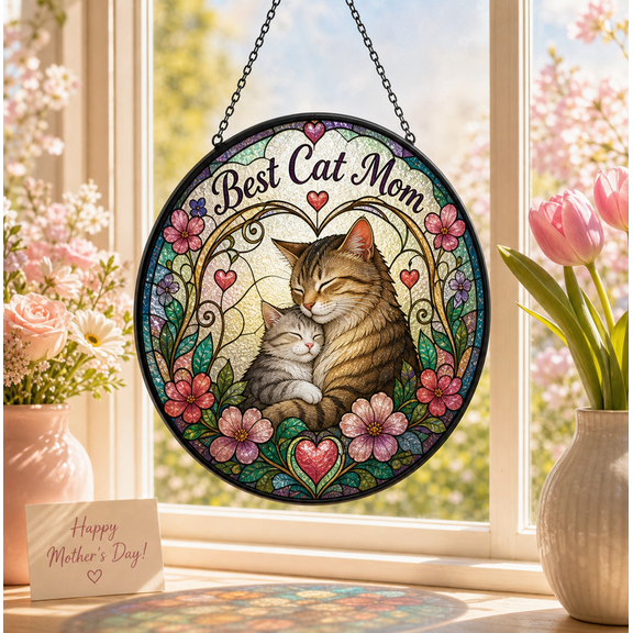 Cat Mom Gift Stained Glass Suncatcher, Mother's Day Window Hanging with Cats