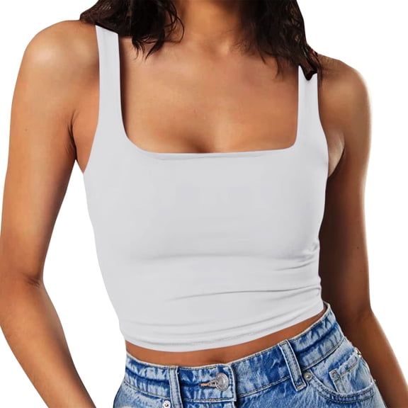 WNEGSTG Women's Strappy Square Neck Tank Double Layer Workout Fitness Casual Sleeveless Crop Tops White