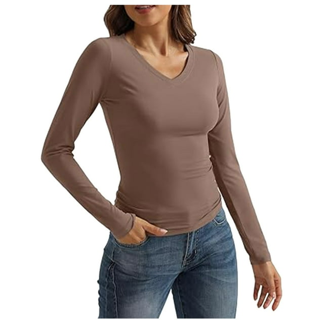 2025 Nouveau T-Shirt Basique à Manches Longues Col en V Ajusté pour Femmes