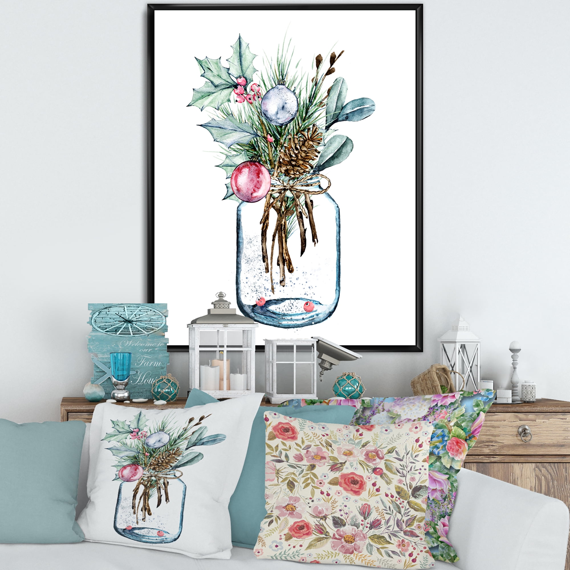 Merry Christmas Bouquet In Transparent Jar 12 in x 20 in Framed Painting Canvas Art Print, by Designart