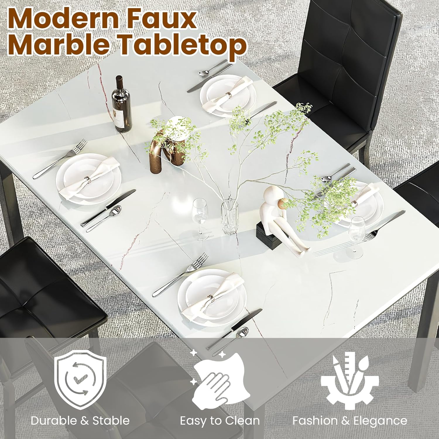 LinkRomat Dining Table Set for 4, Modern Faux Marble Tabletop and 4 PU Leather Upholstered Chairs, Kitchen Table and Chairs for Dining Room Breakfast Nook, White