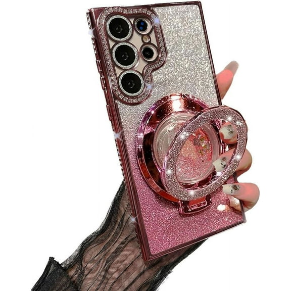 for Samsung Galaxy S24 Ultra Case with Magnetic Kickstand,Cute Bling Glitter Rhinestones Phone Case, Glass Camera Lens Protector,Flowing Liquid Ring Stand for Samsung S24 Ultra (Pink)
