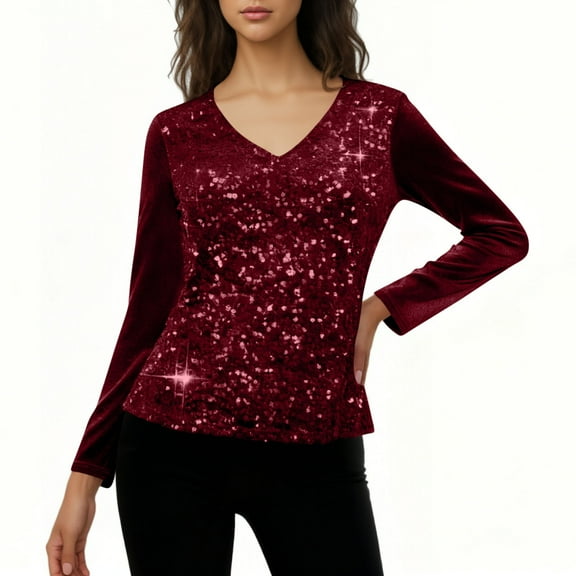 Xdegoge Sequin Tops for Women Party Night Velvet Dressy Casual Glitter Sparkly Blouse Long Sleeve Holiday Christmas V Neck Evening Bling Shirts