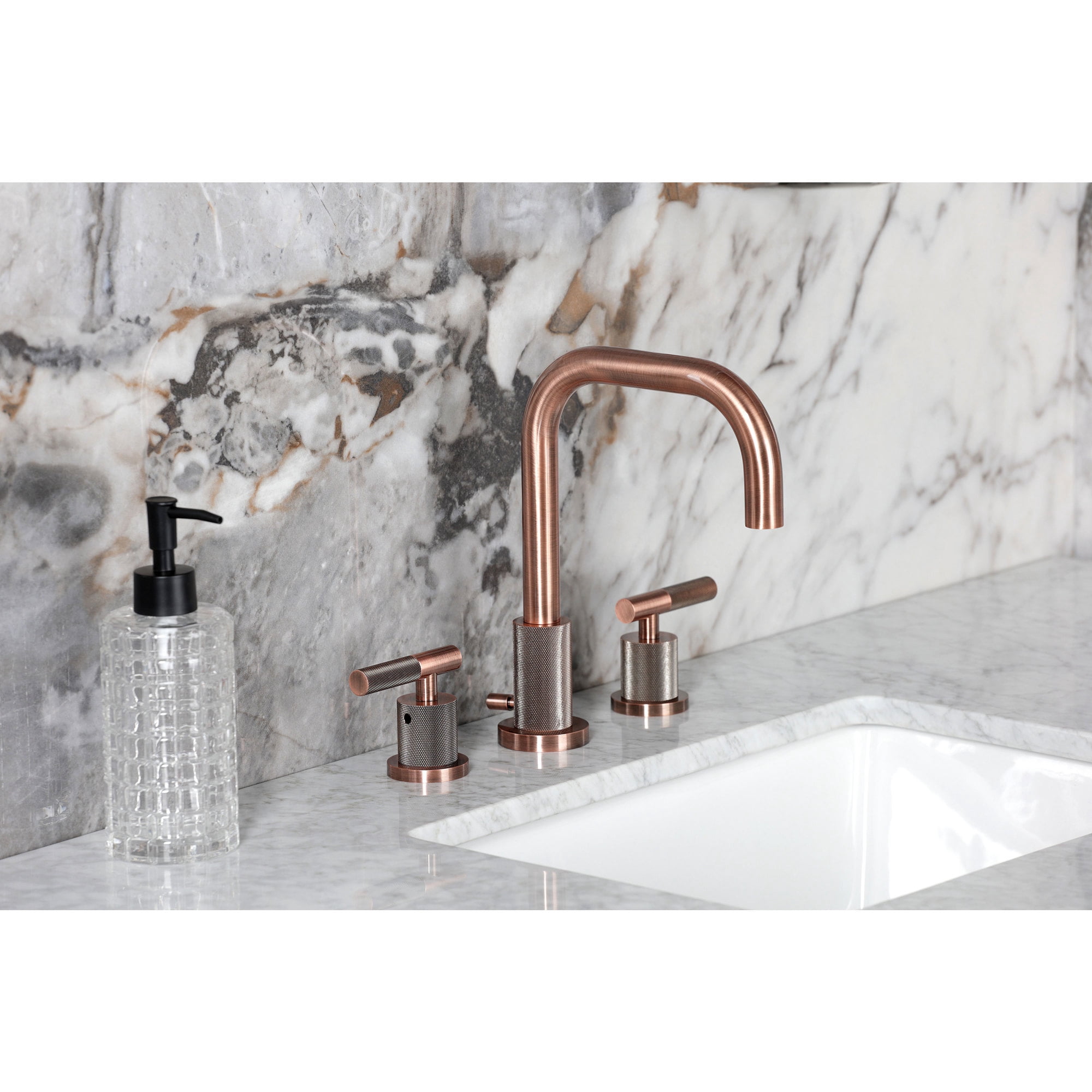 Kingston Brass FSC893KNLAC Convergent Two-Handle 3-Hole Deck Mount Widespread Bathroom Faucet with Knurled Handle and Brass Pop-Up in Antique Copper