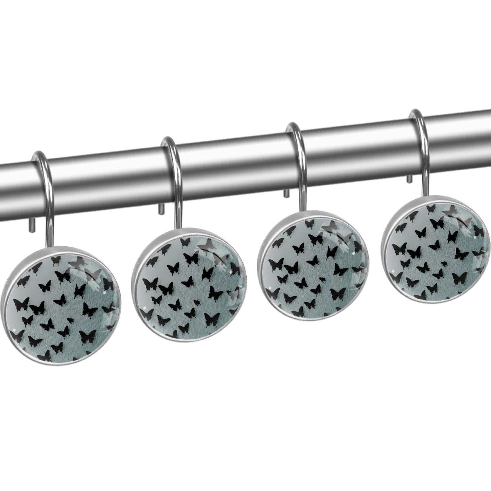 Black Butterfly Shower Curtain Hooks Round Crystal Glass, Set of 12 Shower Curtain Rings - Shower Hooks for Curtain Shower Rings