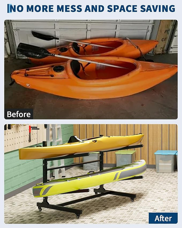 Kayak Storage Rack for 2-6 Kayaks Freestanding Kayak Rack for Outdoor Storage with Movable Wheels, Heavy-Duty Steel Kayak Hanger Holder with Hanging Straps