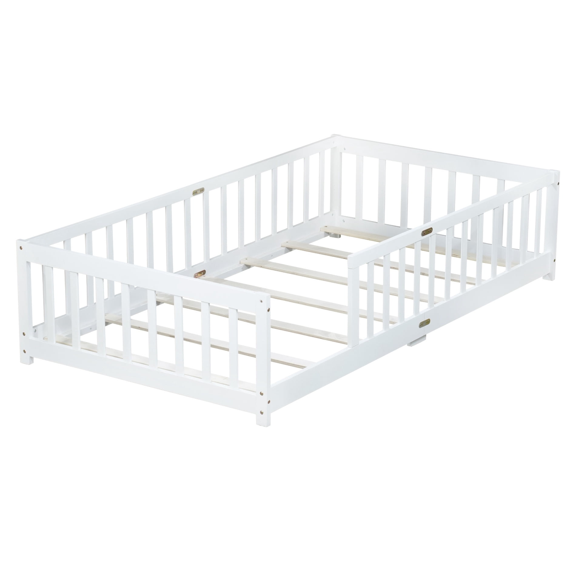Alvantor Twin Size Floor Bed, Solid Wood Toddler Bed with Slat and Fence Guardrail, Montessori Floor Bed for Kids, Boys, Girls,White