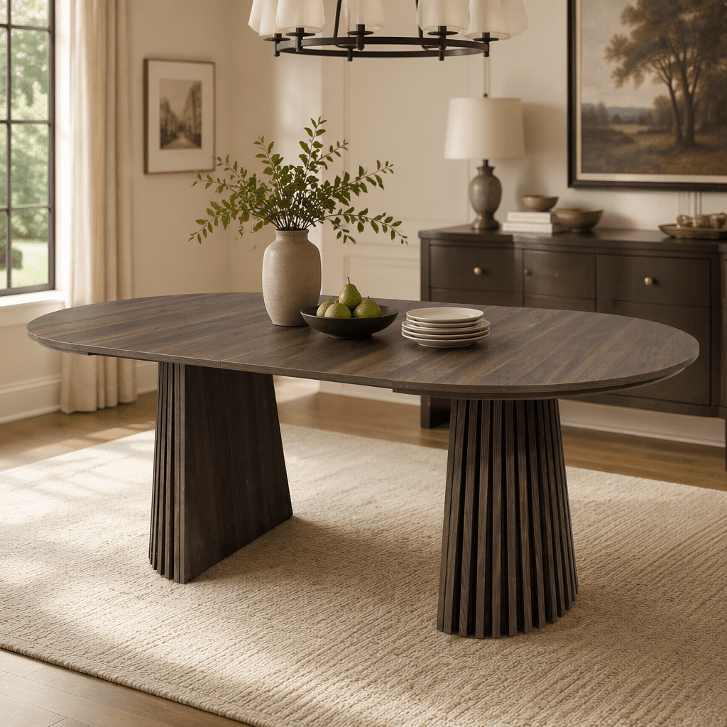 Dining Table 70.87 Inch, Extendable Kitchen Table with Oval Top and Slatted Wood Legs, Space-Saving MDF Table for Living Room and Dining Room, Walnut