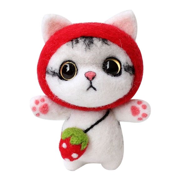 Peluche Chat Dessin Animé Poupée Bricolage Kit de Feutrage à l'Aiguille Fournitures de Feutrage en Laine Bricolage Art Carft pour Maison Enfants Adultes Cadeau (Fraise Kitty)