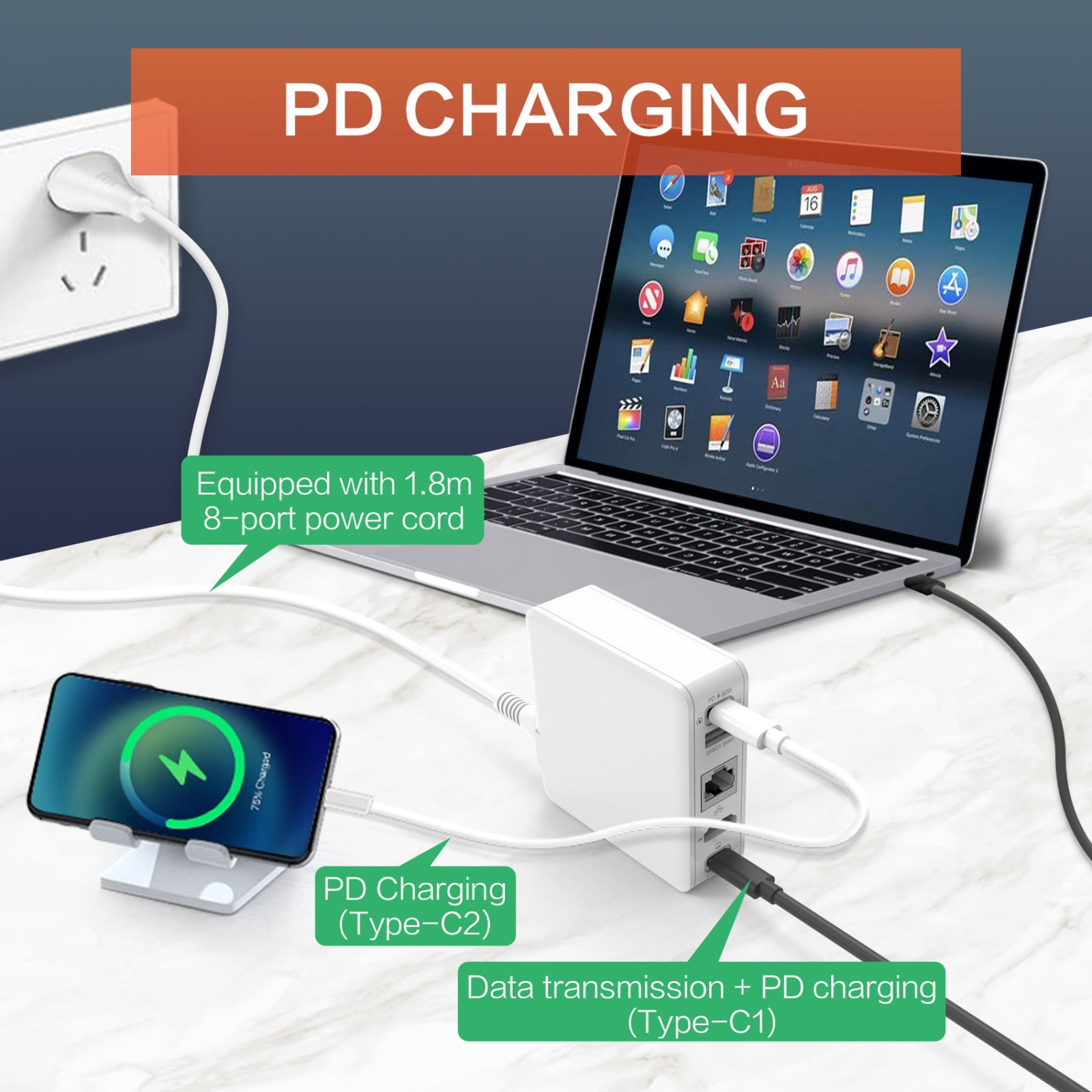 High-Speed Charging 65W Power Supply USB-C Charing Station 5-in-1 USB Type C HDMI RJ45 Ethernet Adapter