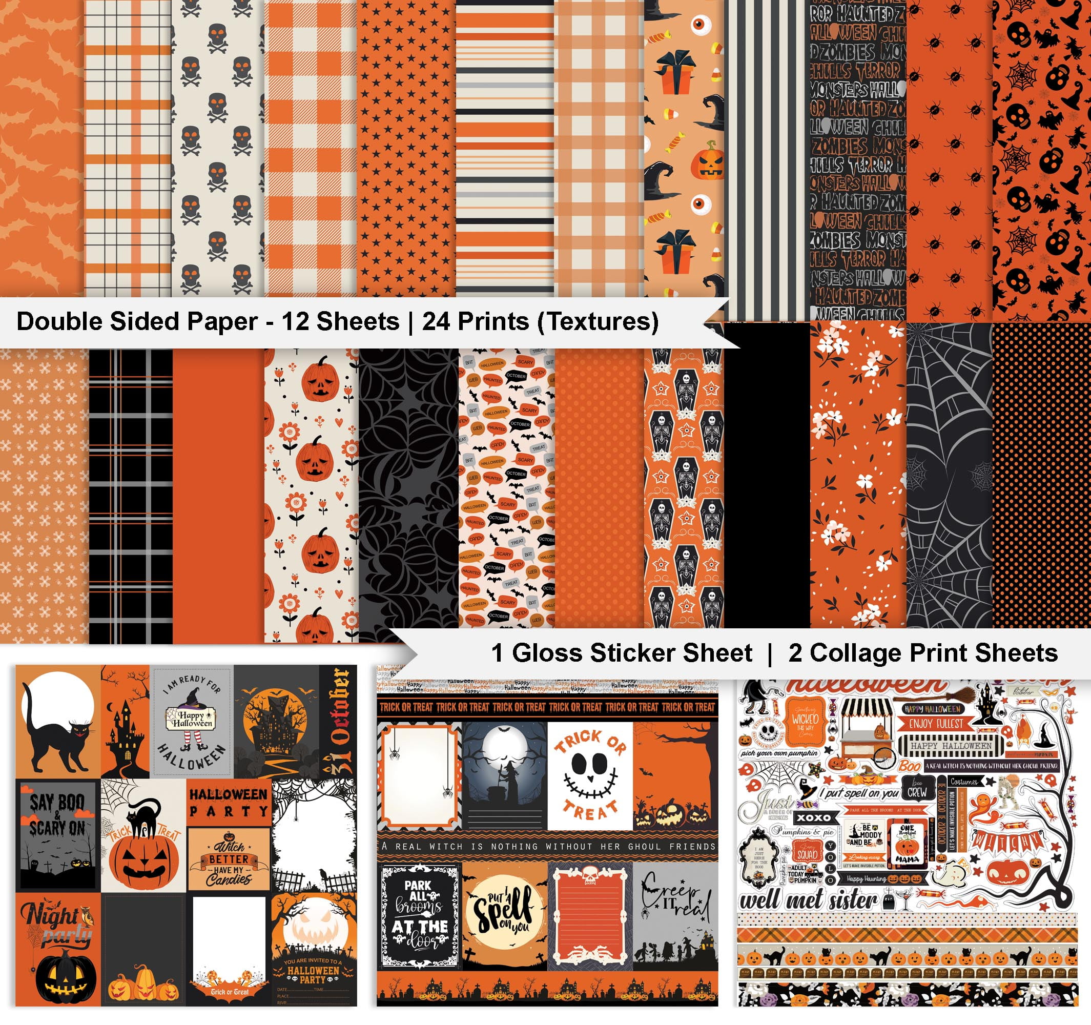 Inkdotpot Black Orange Halloween Theme Collection Double,Sided Scrapbook Paper Kit Cardstock 12"x12" Card Making Paper Pack Of With Sticker Sheet - 16 Pages - Orange & Black