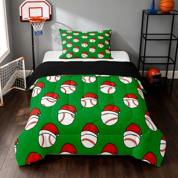 Manfei Cartoon Baseball Twin Comforter Sets, Merry Christmas Bedding Set, Vivid Green Red, Black Reversible 2 Pieces 1 Comforter and 1 Pillowcase