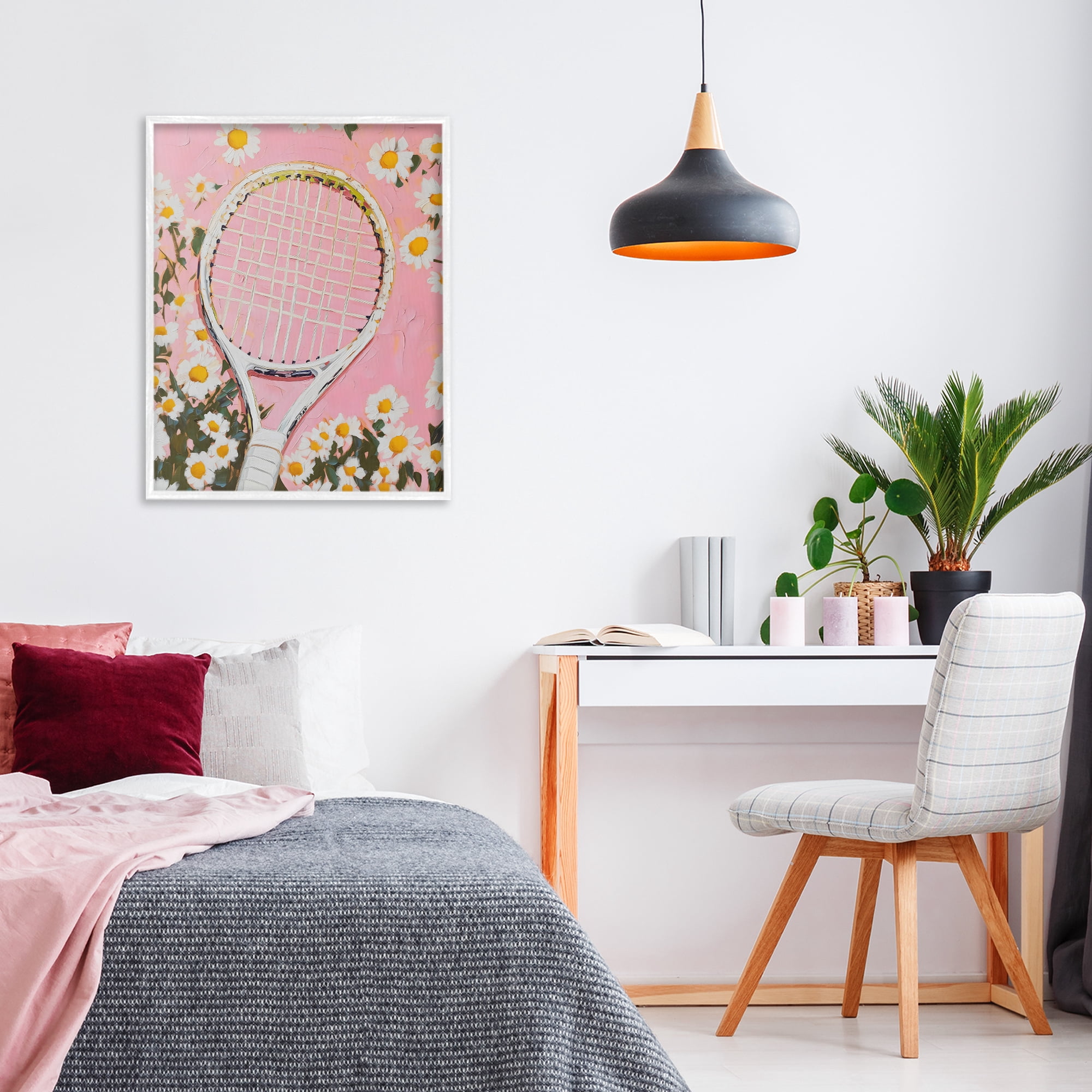 Stupell Industries Pink Tennis Racket & Daisies White Framed Giclee Art, design by LSR Design Studio