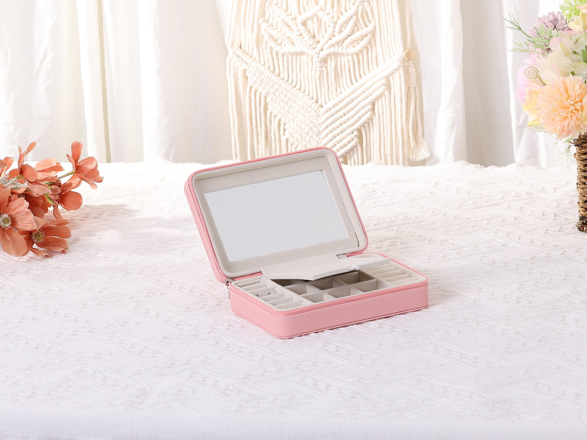 Unique Bargains Travel Jewelry Box with Mirror Portable PU Leather Jewelry Organizer Pink