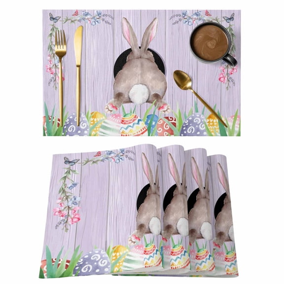Easter Bunny Placemats Set of 4, Colorful Eggs Cute Rabbit Purple Wooden Plank Placemats for Dining Table, Place Mats for Kitchen Tabletop, Waterproof Wipeable Dining Table Mats Set