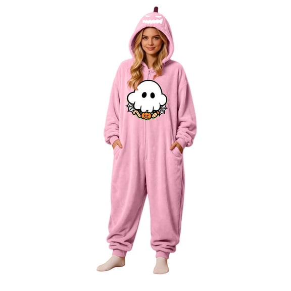 Halloween Pumpkin Hooded Onesie Adult Cozy Fall Onesie Flannel Pajama Jumpsuit, Couples Matching Full Body Costume for Halloween Parties Soft Sleepwear Loungewear Set