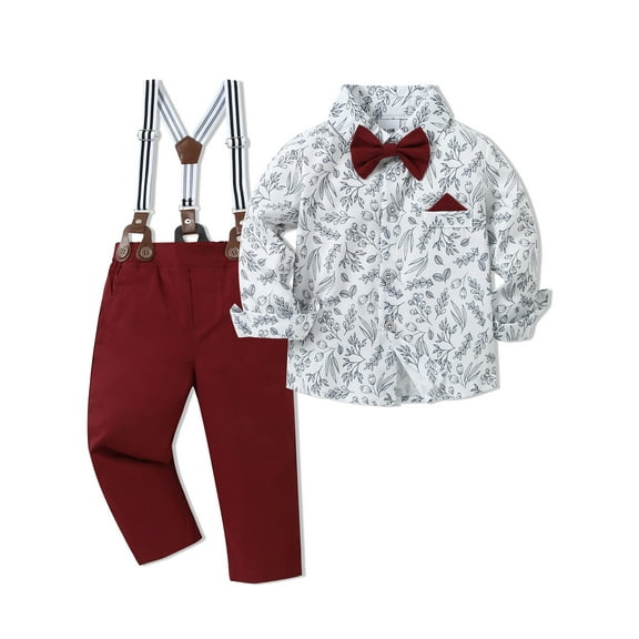 CARETOO Toddler Boy Clothes Sets 1-5 Years Floral Formal Dress Shirt Bowtie Suspender Pants Wedding