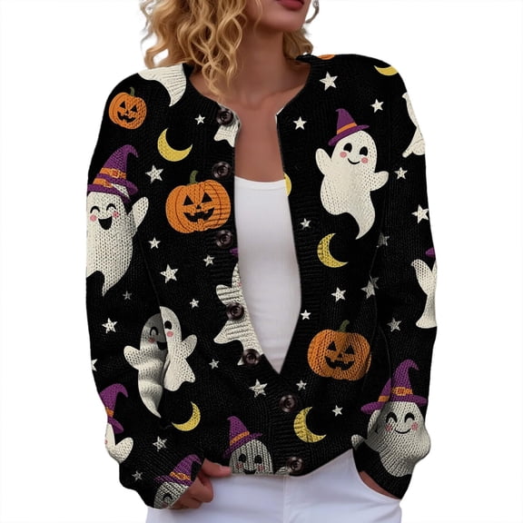 HAYIMI Women Sweater Halloween Pumpkin Ghost Print Button-Front Cardigan, Long Sleeve V-Neck Graphic Loose Fit Fall Knit Coat Tops