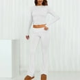thumbnail image 3 of GILIGEGE Two Piece Sets for Women Women's 2 Sets Fold Over Flare Pants Set Long Sleeve Cropped Top Casual Outfits Pajamas White S, 3 of 6
