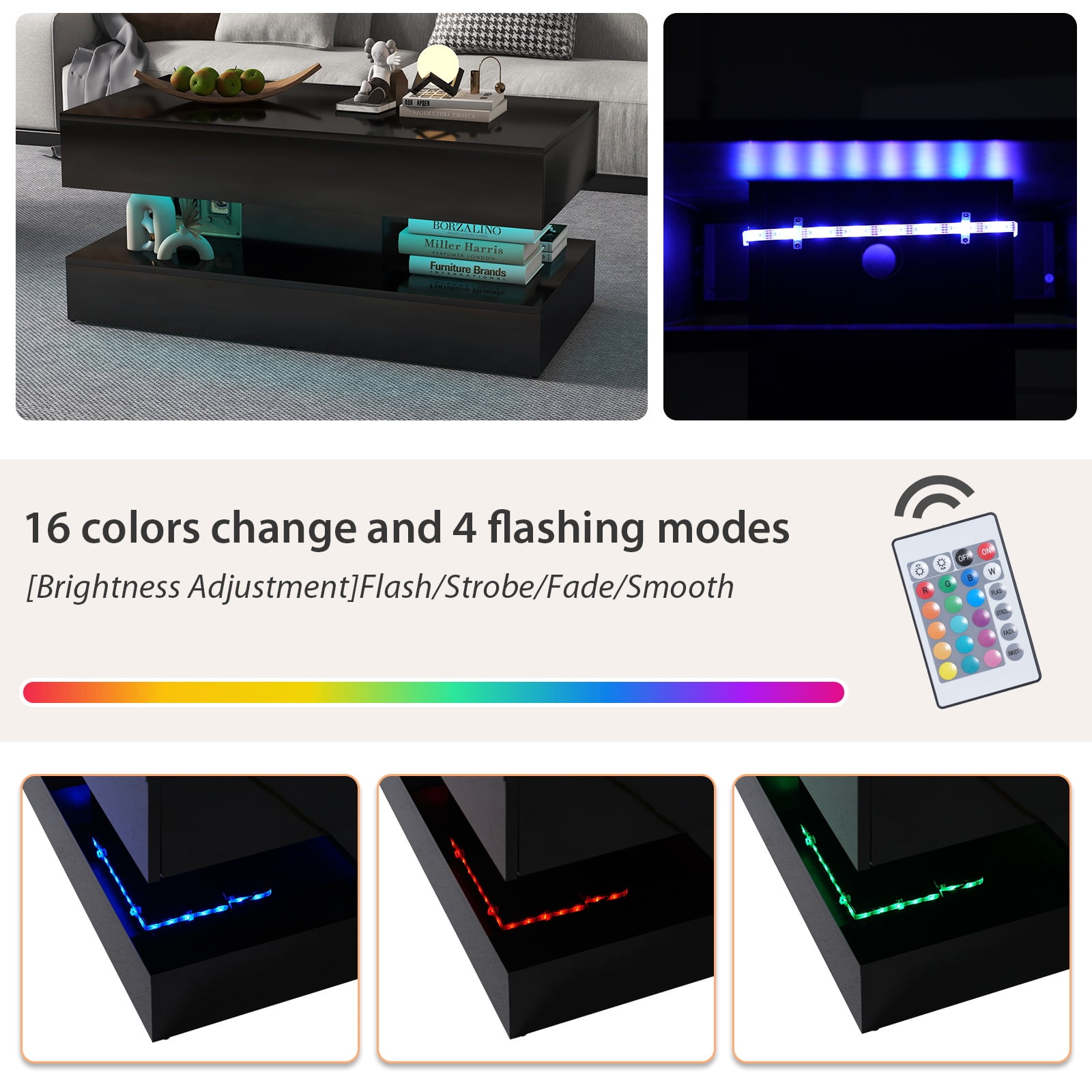 JOIVI LED Coffee Table with 2 Storage Drawers, Modern High Gloss Coffee Table, 2 Tiers Rectangle Center Table, 16-Color LED Lights, Black