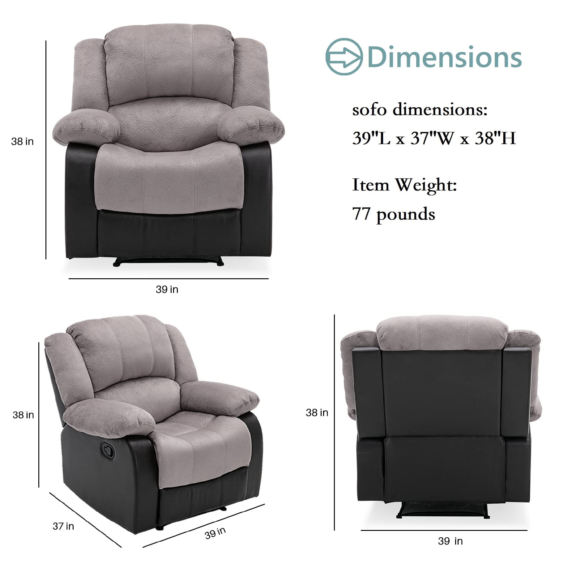 Nathaniel Home Manual Single Recliner Chair, PU Leather Upholstered Couch Sofa, Tufted Reclining Sofa, Plush Scoop Theater Seating, Lounge Chair for Living Room, Gray