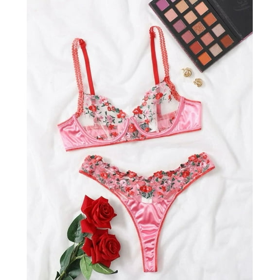 Pink Lingerie Set Floral Silk