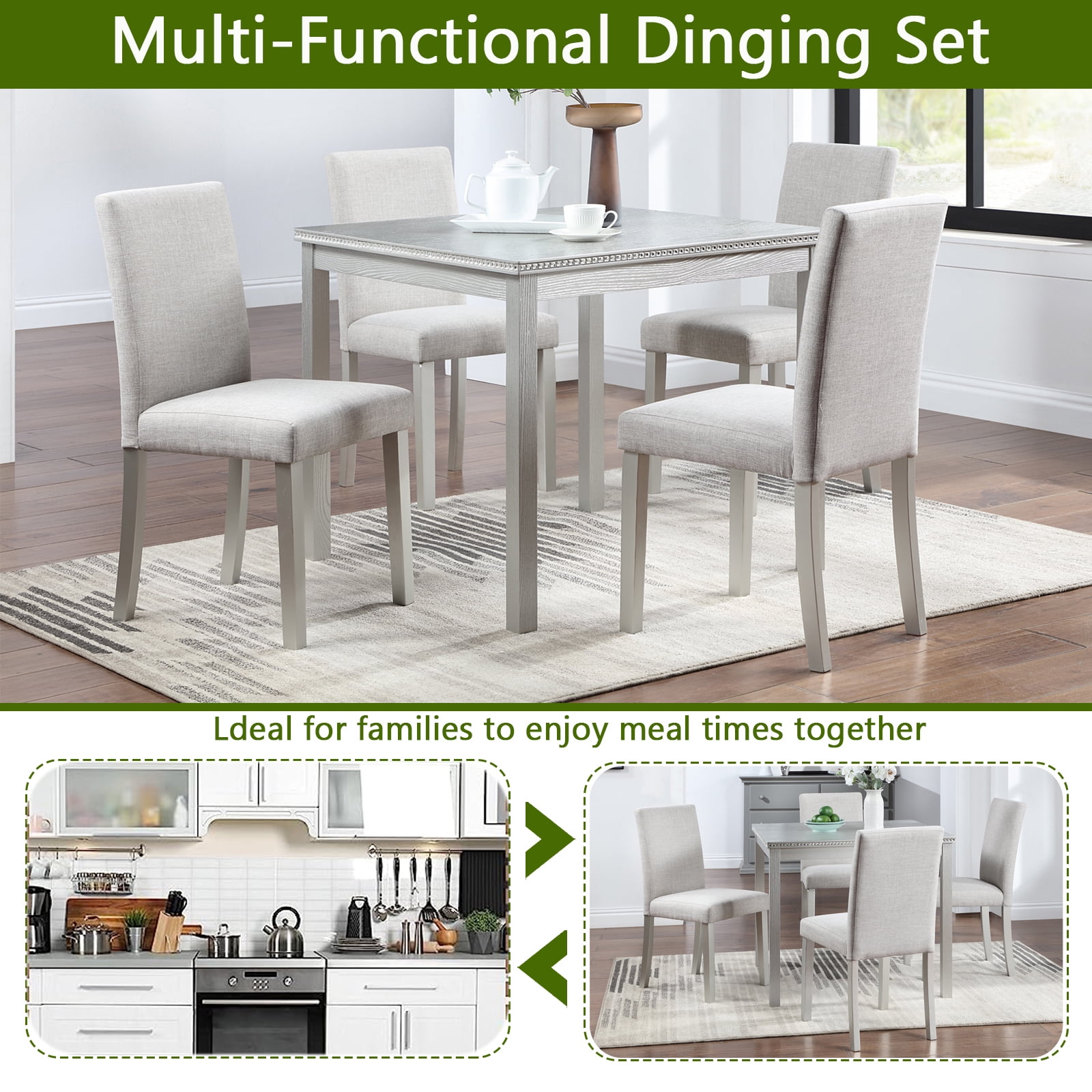 MAYEERTY 5 Piece Wooden Dining Table Set, Kitchen Table Set with a Square Table and 4 Upholstered Chairs, Wooden Dining Room Table with Crystal Decoration Chairs Set Silver grey