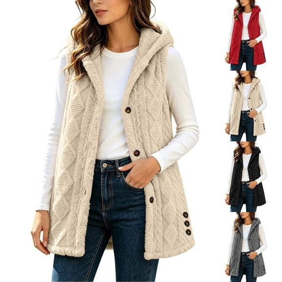 Aboser Women's Fuzzy Fleece Vest with Hood Soft Plush Sherpa Jackets Casual Button Down Outerwear Fluffy Sleeveless Hooded Coats