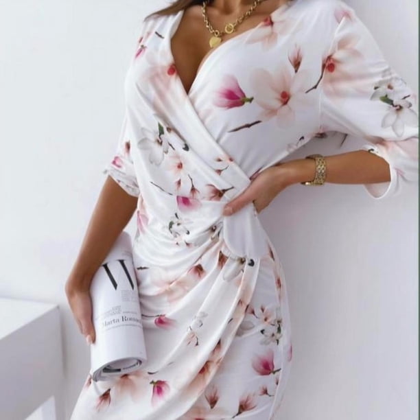 Vestido largo de playa con estampado floral vintage y cuello en V para mujer$Vestidos de verano con cuello en V y mangas cortas para mujer$Vestido largo informal con estampado floral y