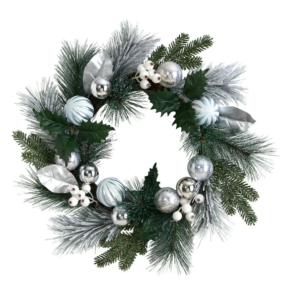Nearly Natural Pinecones Berries Christmas PVC Unlit Wreath, with Silver Ornaments 24" (Green)
