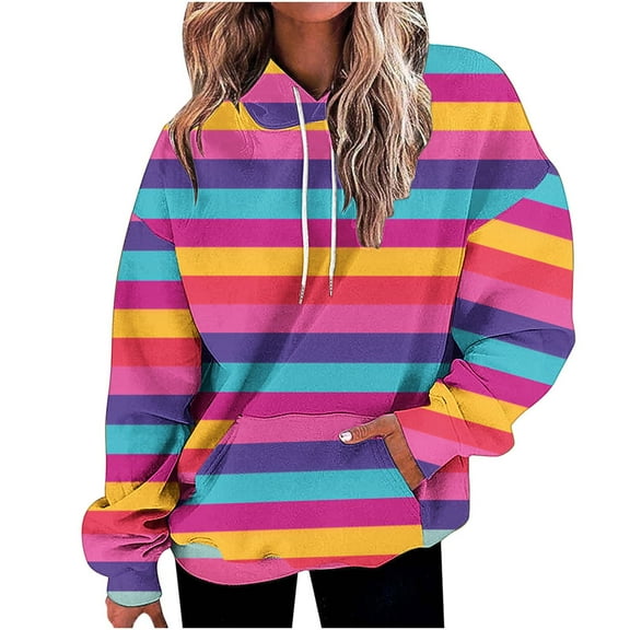 miqiqism Womens Striped Oversized Sweatshirts Juniors Long Sleeve Color Block Hoodies Trendy Pullover Top Y2K Clothes with Pocket Casual Drop Shoulder Blouses,Hot Pink,XX-Large