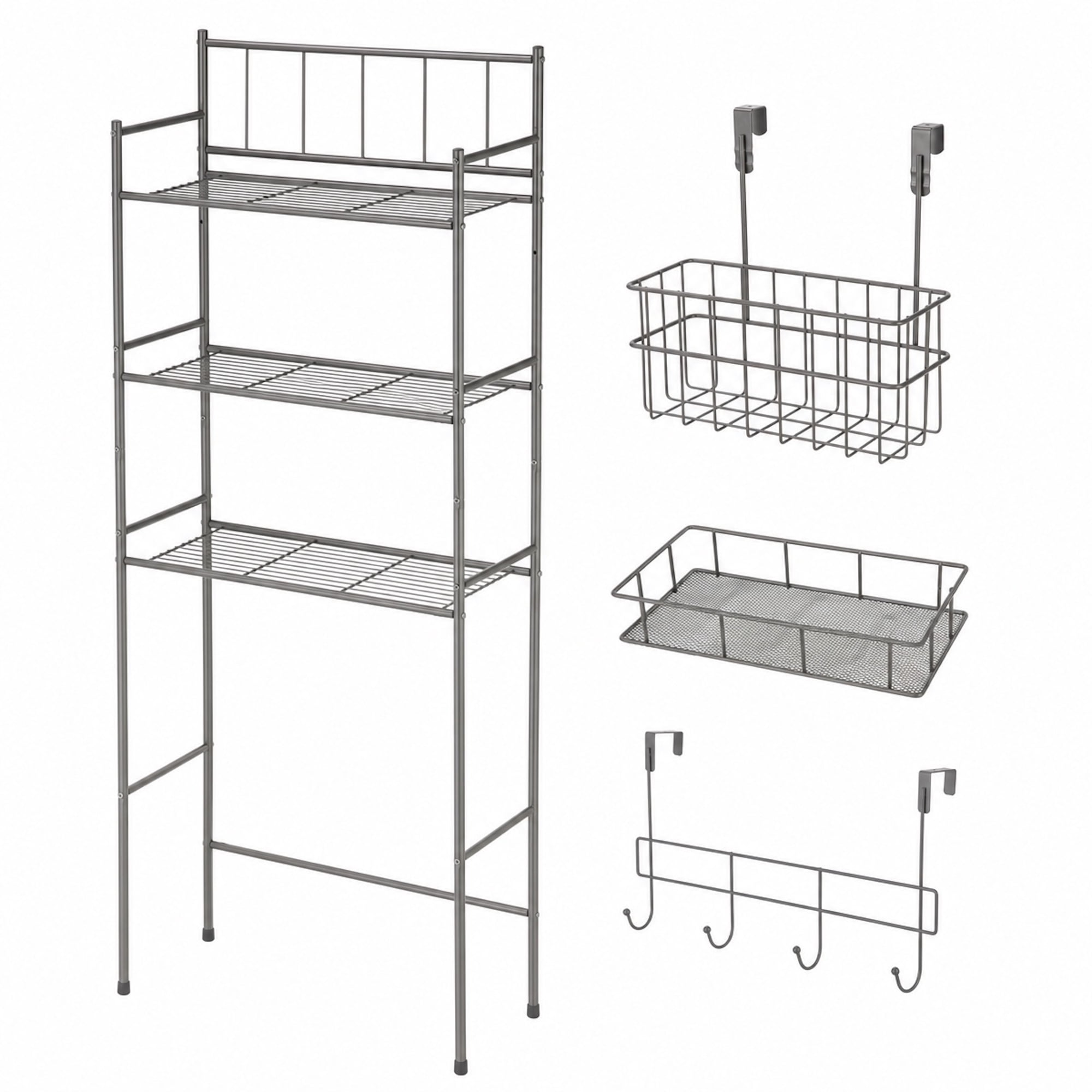Mainstays Over-the-Toilet Bathroom Storage Shelf Unit Set, Satin Nickel, Space Saver with Basket and Hooks, 4-Piece