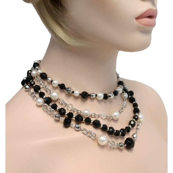 Premier Designs Multi Strand Layered Black Off White Faux Pearl Beaded Collar Bib Necklace Adjustable