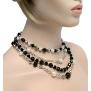 Premier Designs Multi Strand Layered Black Off White Faux Pearl Beaded Collar Bib Necklace Adjustable