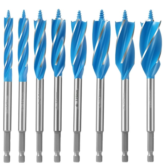 8Pcs Auger Drill Bit Set 4 Flute Spiral Wood Drill Bit Set with Quick Change Hex Shank High Carbon Steel Hole Bits for Hardwood Plastic