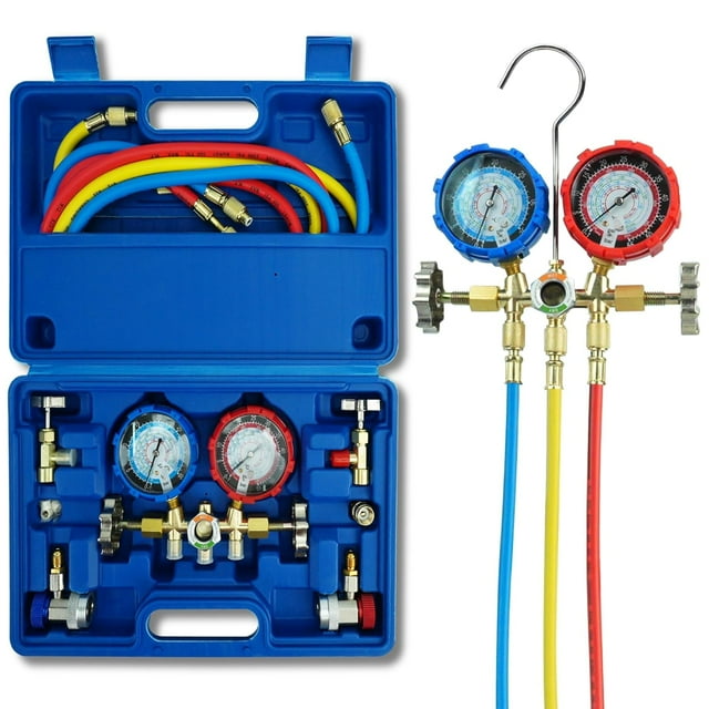 Manomètre 3 Voies, Ensemble de Manomètres pour Réfrigérants R134a R410a R12 R22 R502, Manomètres avec Tuyaux de 5 Pieds, Adaptateur R410a, Perforation et Robinet Auto-Scellant