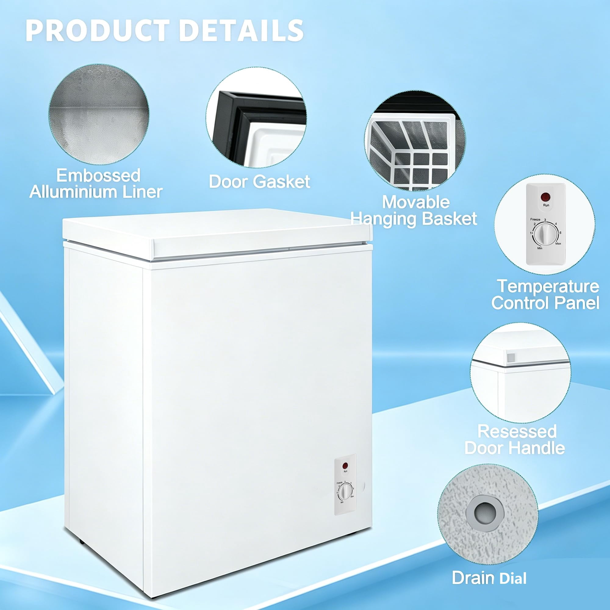 5.2 Cu.Ft Chest Freezer, Mini Deep Freezer with Removable Basket, Free Standing Compact Small Freezer Adjustable 6 Thermostat Quiet Small Deep Freezer Top Open Door for Dorm Home, White